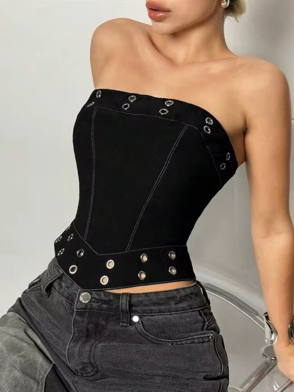 Strapless Black Eyelet Corset Top